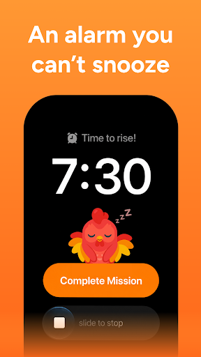 The Roosta alarm ringing at 7:30 on the lock screen, offering "Complete Mission" instead of a snooze button.