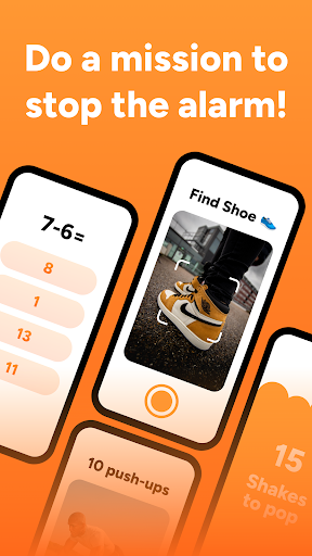 Three Roosta wake-up missions in progress: a subtraction problem, a camera mission to find a shoe, and a shake-to-wake mission.
